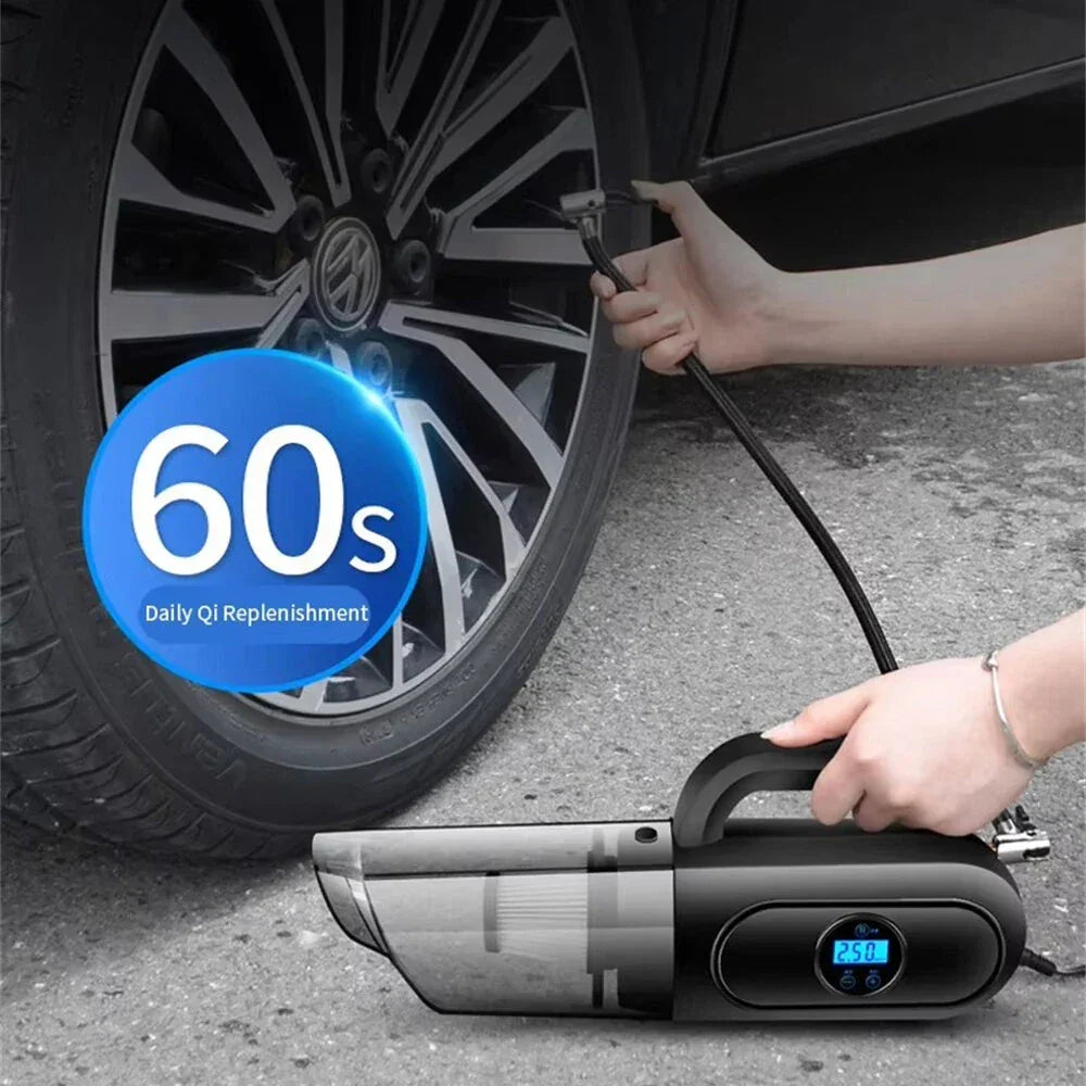 Person using portable air compressor to inflate car tire, digital display visible, 60 seconds claim
