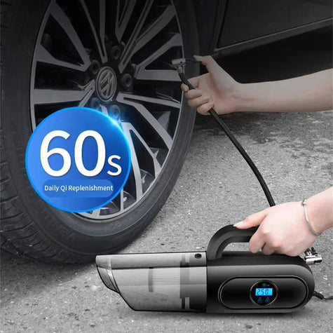 Person using portable air compressor to inflate car tire, digital display visible, 60 seconds claim