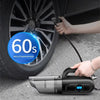 Person using portable air compressor to inflate car tire, digital display visible, 60 seconds claim
