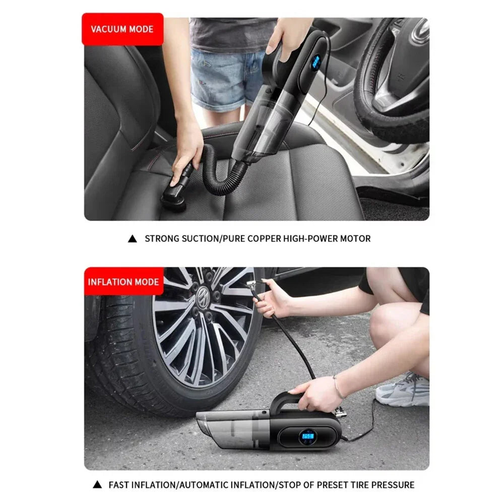 Person using portable car vacuum cleaner on seat and inflating car tire with same device