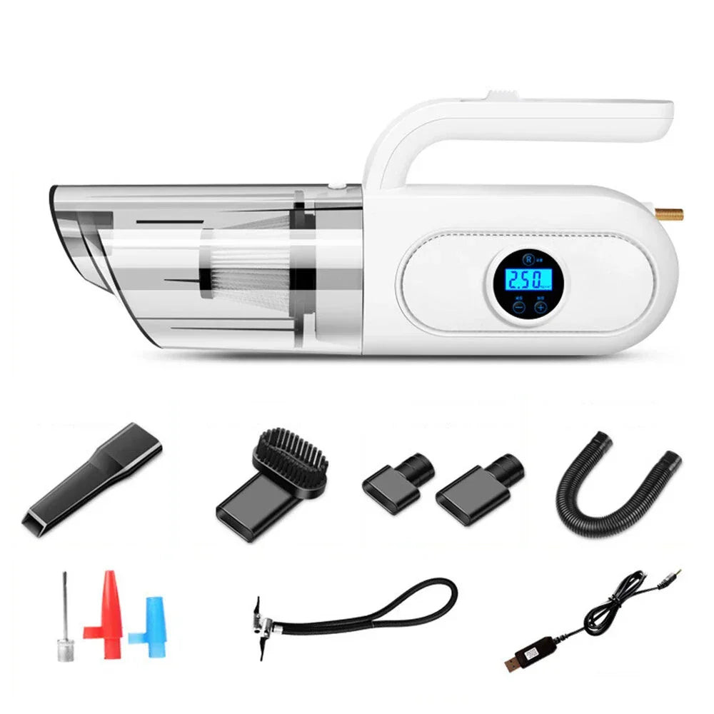 Portable handheld car vacuum cleaner with LCD display and multiple cleaning attachments
