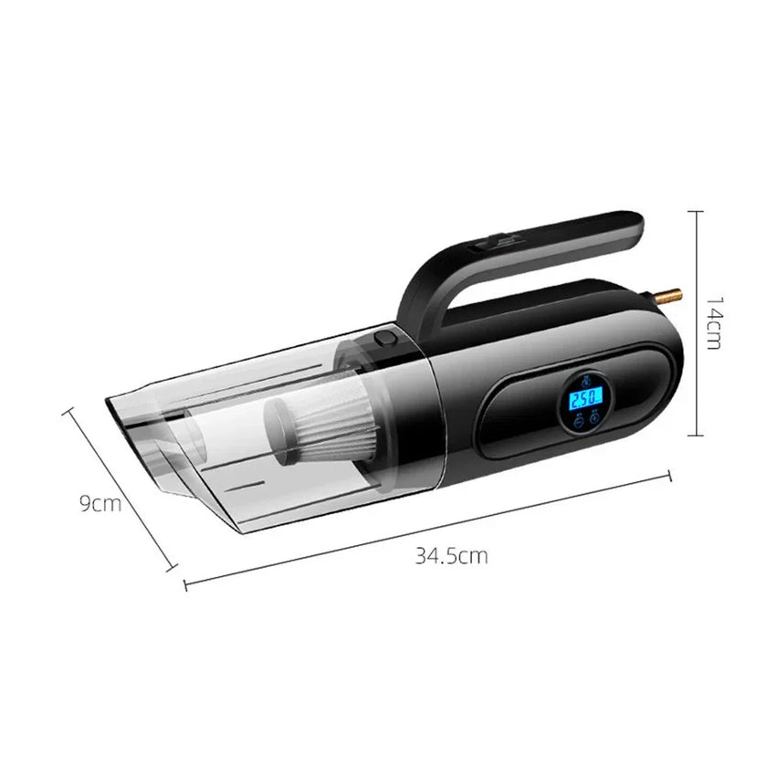 Compact handheld vacuum cleaner with digital display, showing dimensions 34.5x14x9cm