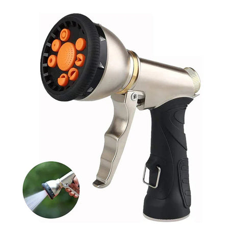 Adjustable garden hose nozzle sprayer with ergonomic handle and multiple spray settings
