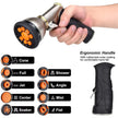 Hand holding a garden hose nozzle with 10 spray patterns and ergonomic, rubberized grip