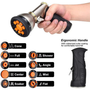 Hand holding a garden hose nozzle with 10 spray patterns and ergonomic, rubberized grip