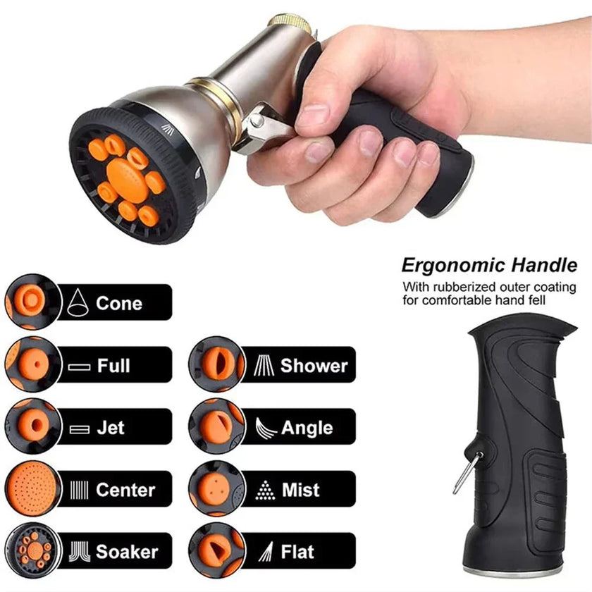 Hand holding a garden hose nozzle with 10 spray patterns and ergonomic, rubberized grip