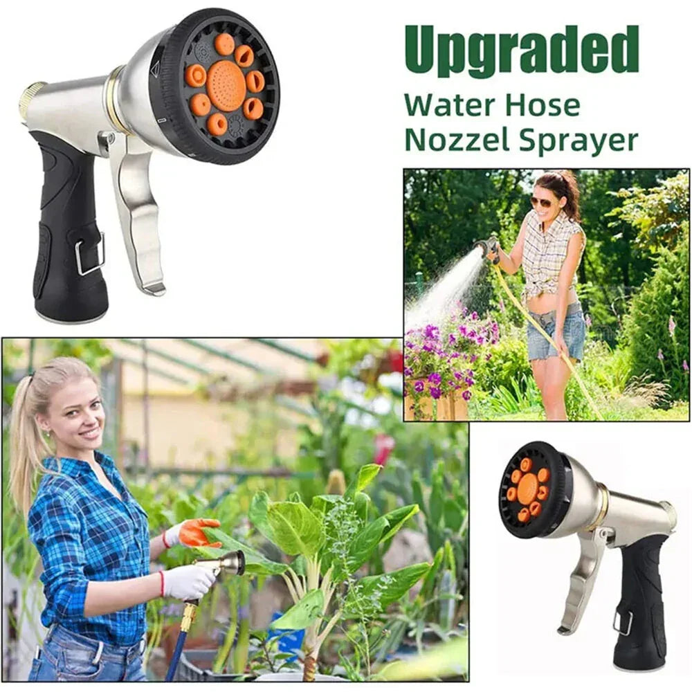 Upgraded water hose nozzle sprayer for garden, used by women watering plants outdoors