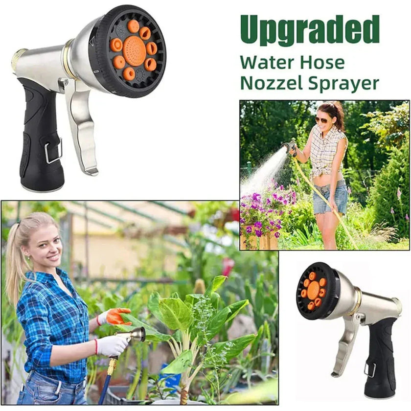 Upgraded water hose nozzle sprayer for garden, used by women watering plants outdoors