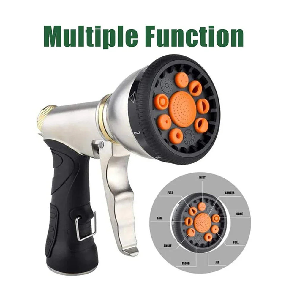 Multi-function garden hose nozzle with ergonomic grip and spray pattern settings