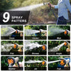 Garden hose nozzle with 9 spray patterns, showing cone, center, mist, flat, shower, angle, soaker, jet, full.