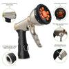 Adjustable garden hose nozzle with metal body, black grip, and orange dial, close-up view