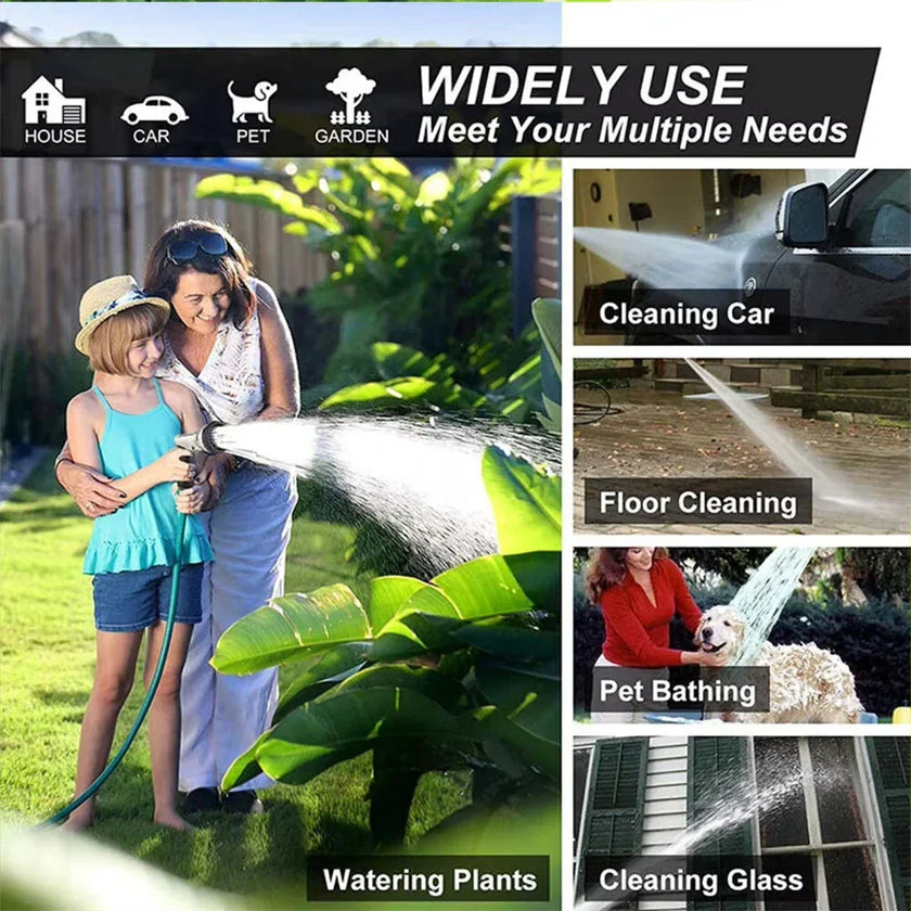 Woman and girl watering plants with garden hose; uses include car cleaning, pet bathing, glass cleaning.