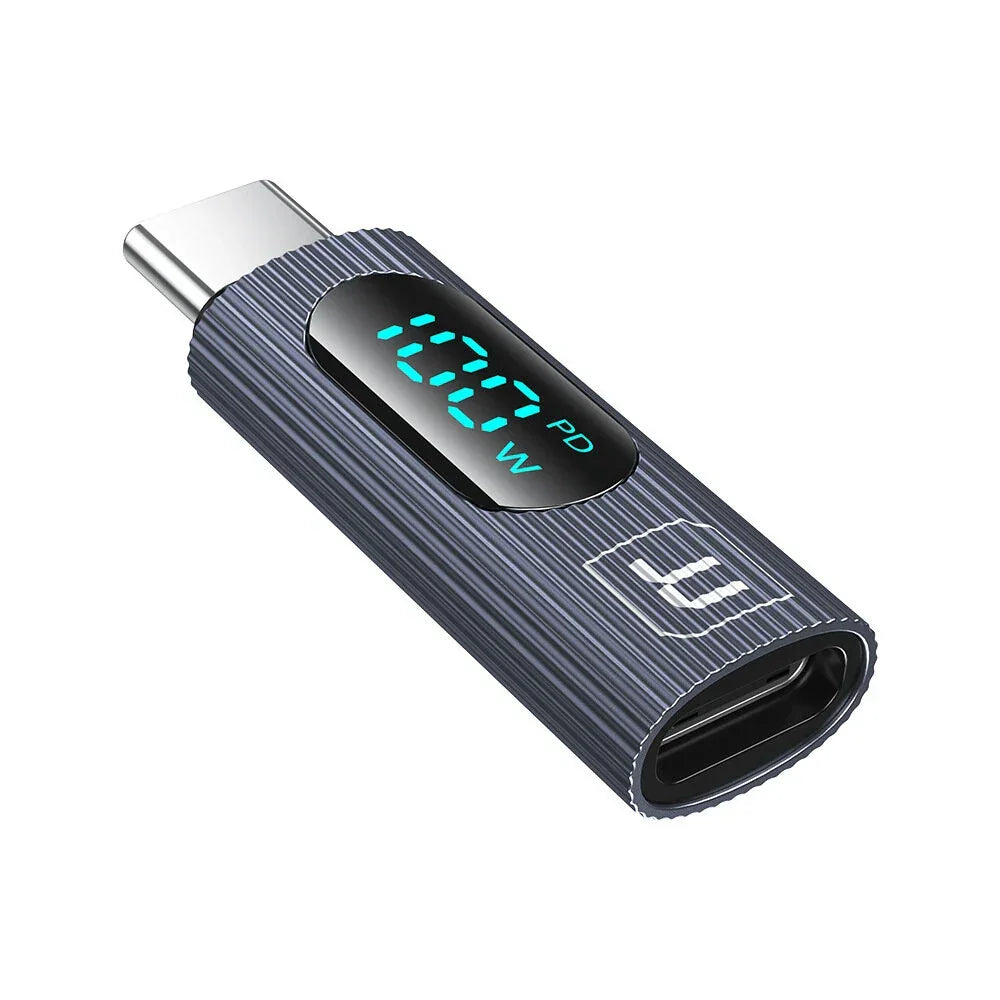 USB-C power meter displaying 100W PD, digital display, gray striped casing