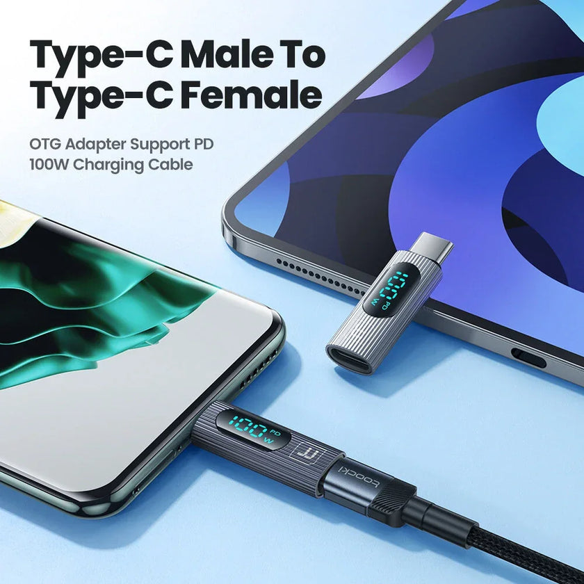 Type-C male to female PD 100W charging cable connected to smartphone and tablet
