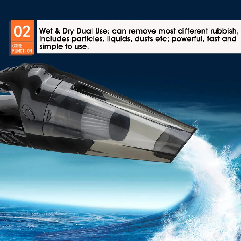 Wet and dry handheld vacuum cleaner with transparent dustbin against ocean wave background
