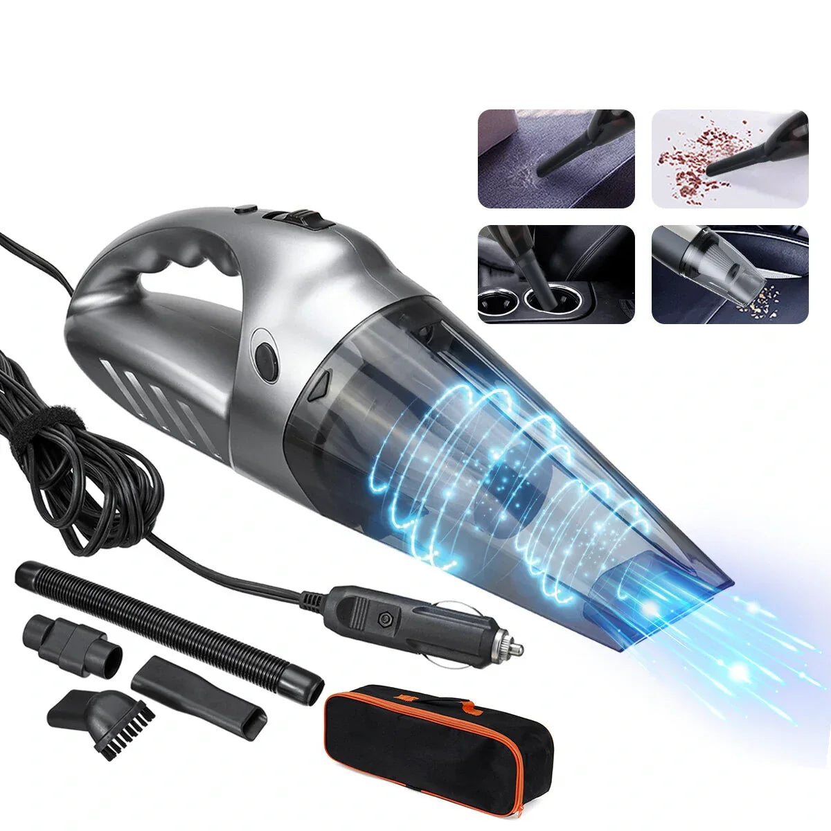 Portable handheld car vacuum cleaner with attachments, power cord, and carrying case