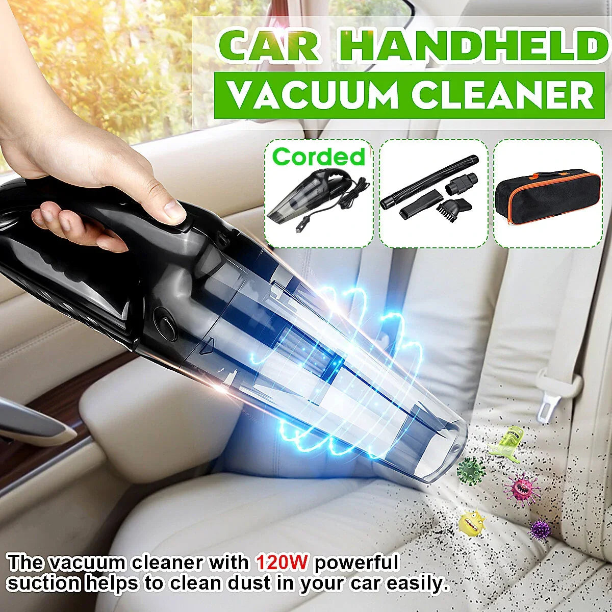Hand using corded handheld car vacuum cleaner on beige car seat with powerful suction and accessories.