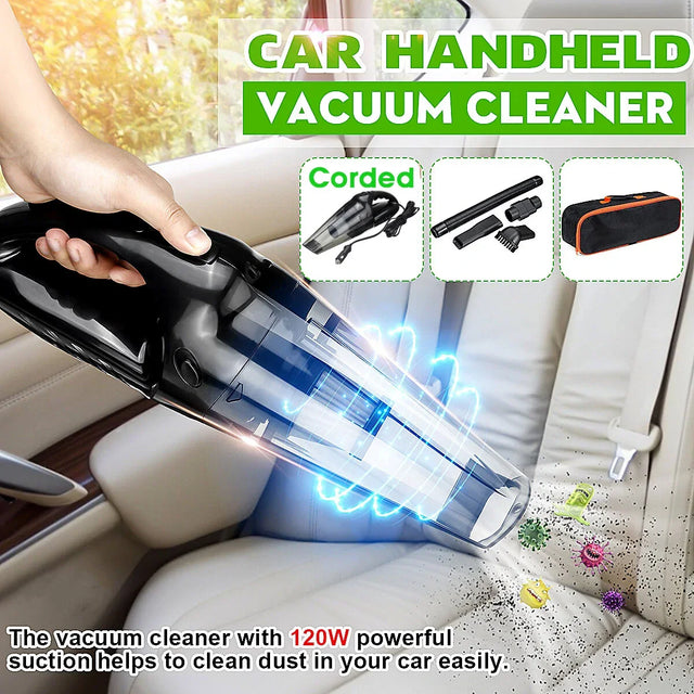Hand using corded handheld car vacuum cleaner on beige car seat with powerful suction and accessories.