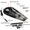 Car vacuum cleaner with labeled parts, including transparent dust bin, filter, accessories