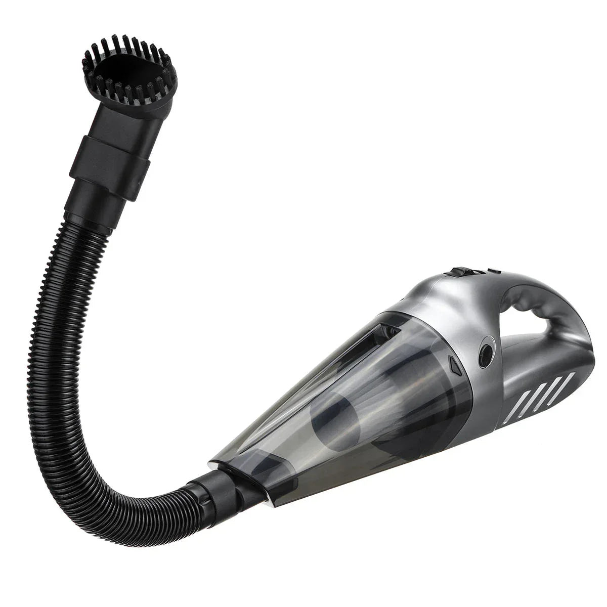 Handheld car vacuum cleaner with flexible hose and brush nozzle on white background