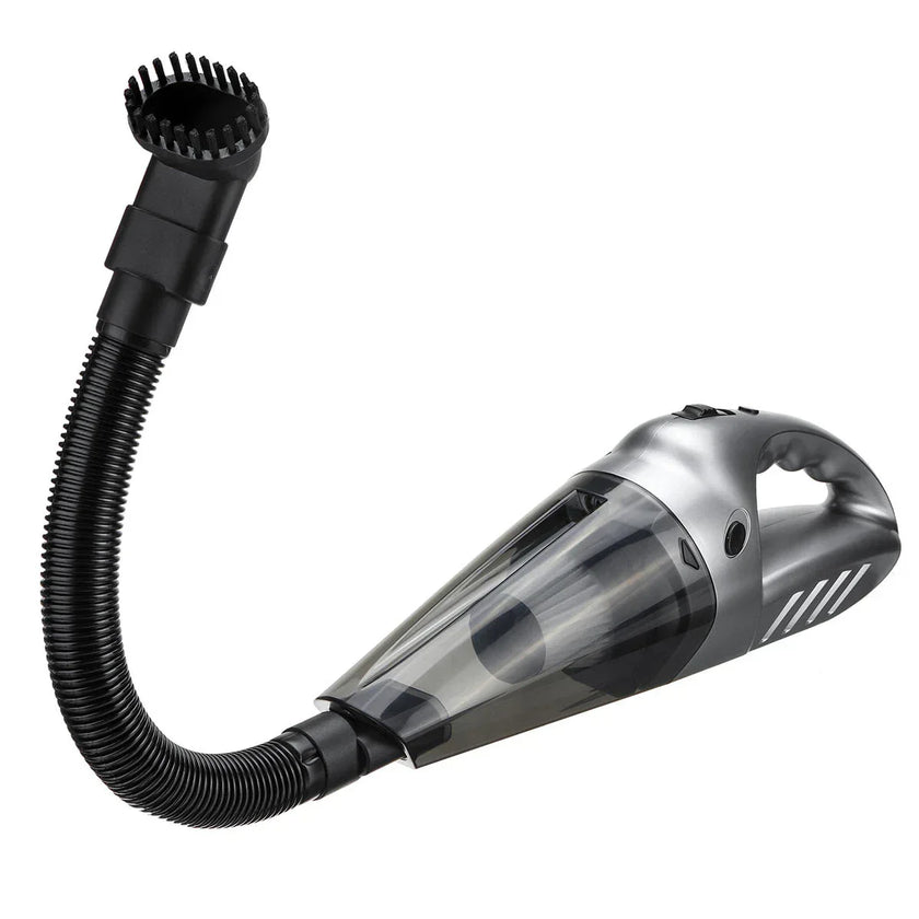 Handheld car vacuum cleaner with flexible hose and brush nozzle on white background