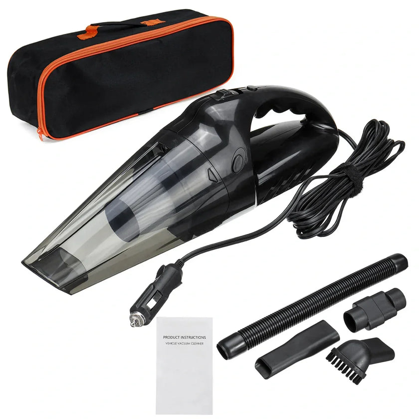 Portable car vacuum cleaner set with nozzle attachments, hose, and carrying bag