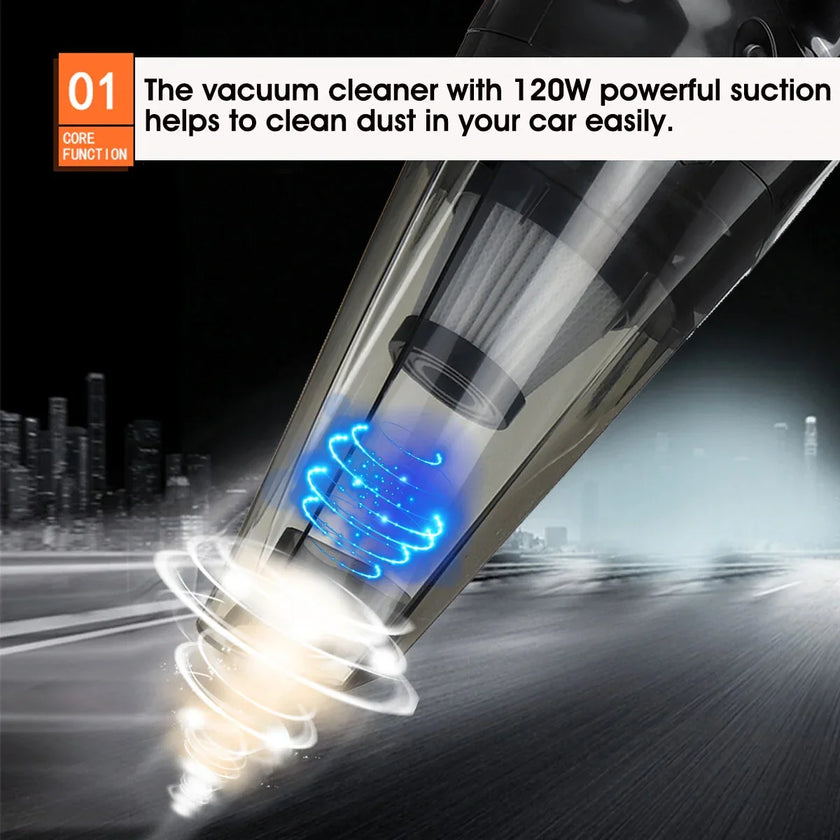 120W car vacuum cleaner with powerful suction, cityscape background, dust cleaning effect