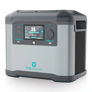 Portable power station with digital display, USB ports, and gray-black exterior