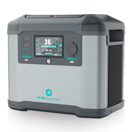 Portable power station with digital display, USB ports, and gray-black exterior