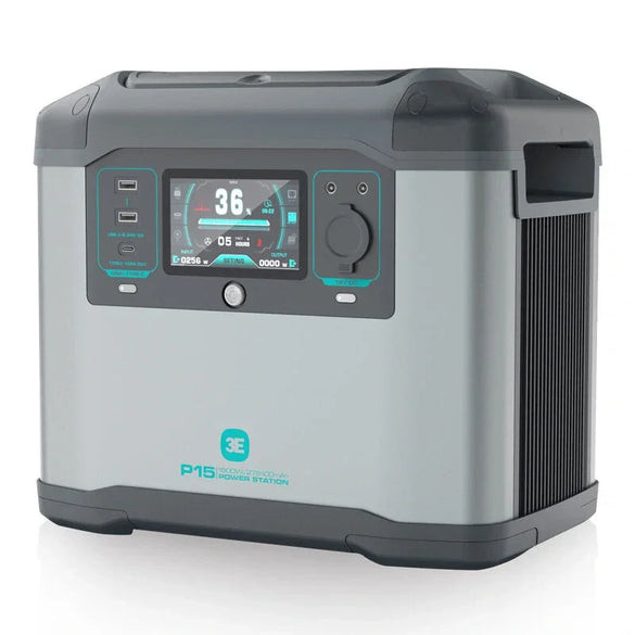 Portable power station with digital display, USB ports, and gray-black exterior