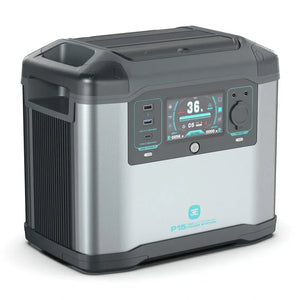 Portable power station with digital display and USB ports on silver and black casing