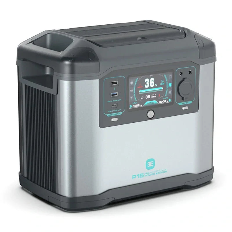 Portable power station with digital display and USB ports on silver and black casing