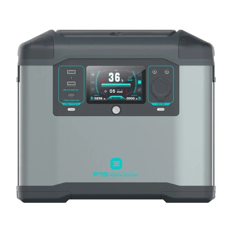 Portable power station with digital display and multiple USB ports, grey and black case