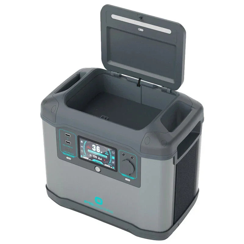 Portable power station with LCD display, USB ports, and open top compartment