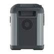 Portable grey and black electric cooler box with vented side panel, rear view