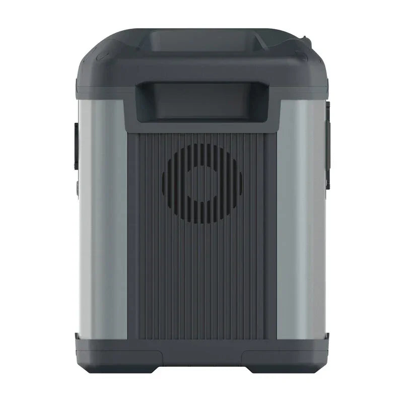 Portable grey and black electric cooler box with vented side panel, rear view