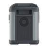 Portable grey and black electric cooler box with vented side panel, rear view