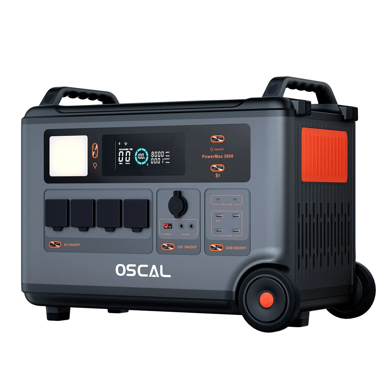 OSCAL PowerMax 3600 portable power station with display, control panel, and wheels