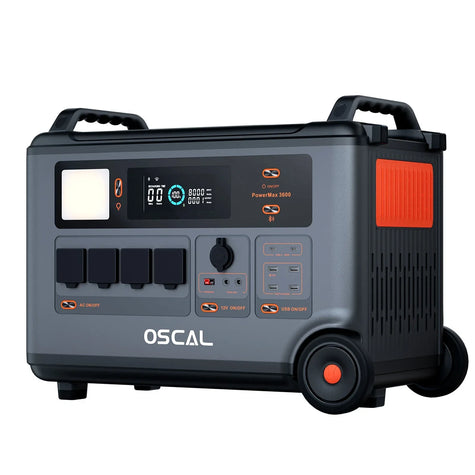 OSCAL PowerMax 3600 portable power station with display, control panel, and wheels