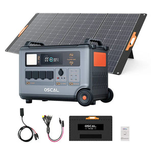 OSCAL portable power station with solar panel, charging cables, and case kit