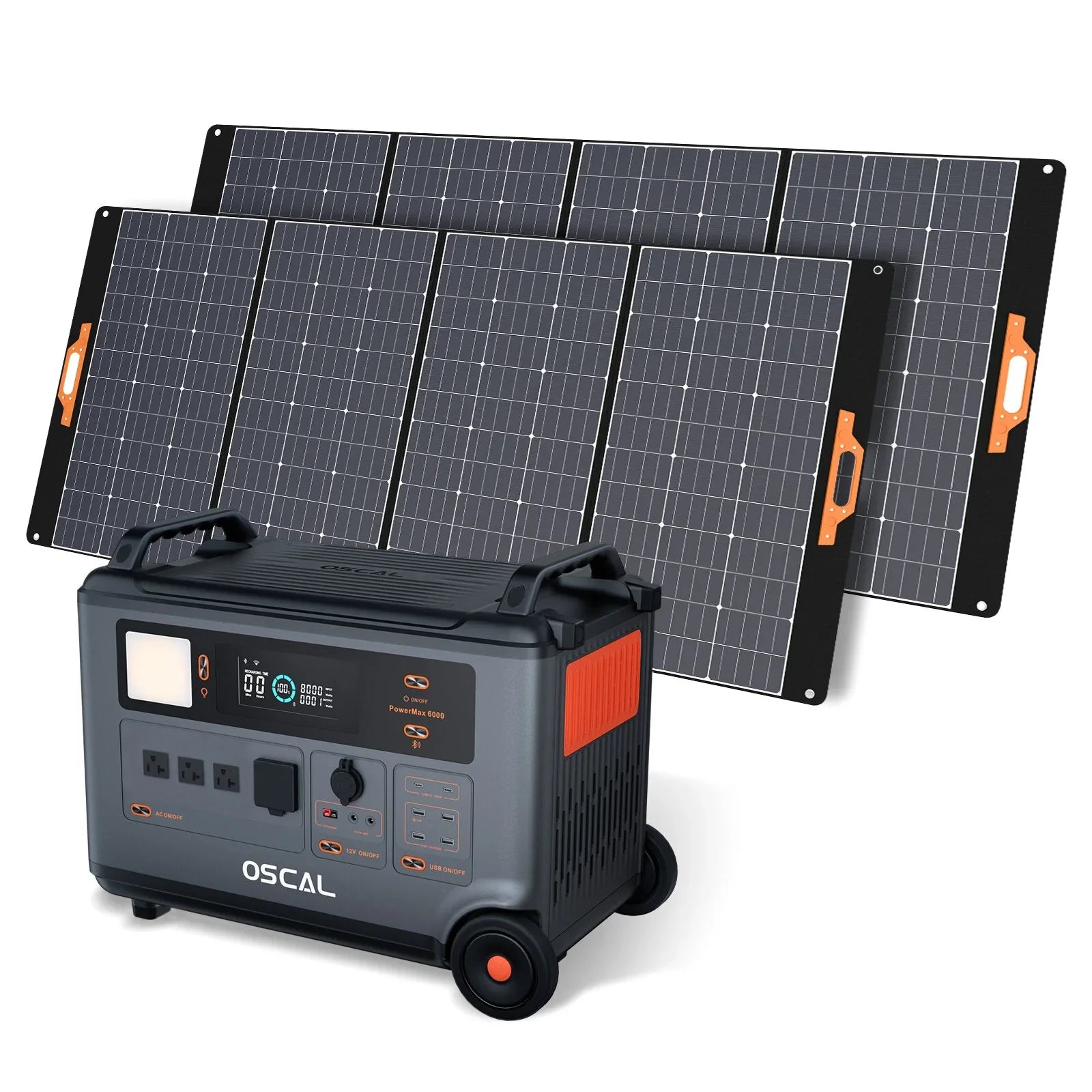 Portable solar generator with foldable solar panels and digital display, OSCAL brand.
