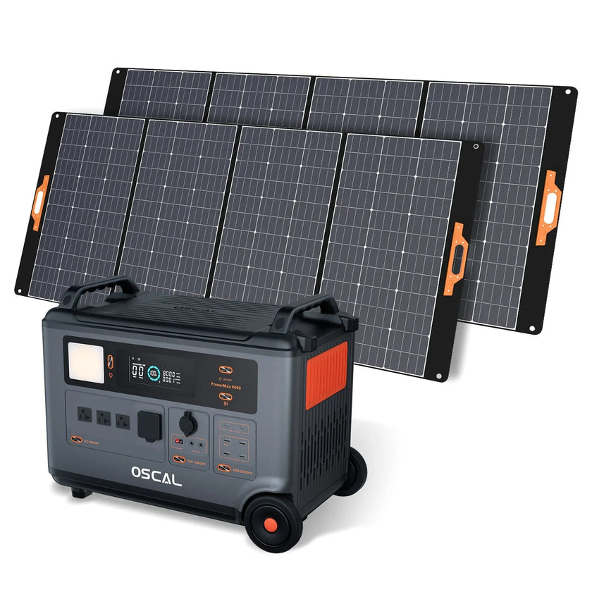 Portable solar generator with foldable solar panels and digital display, OSCAL brand.