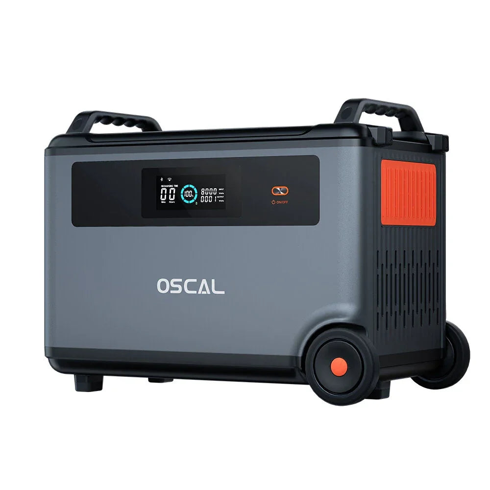 OSCAL portable power station with digital display, wheels, and carrying handles