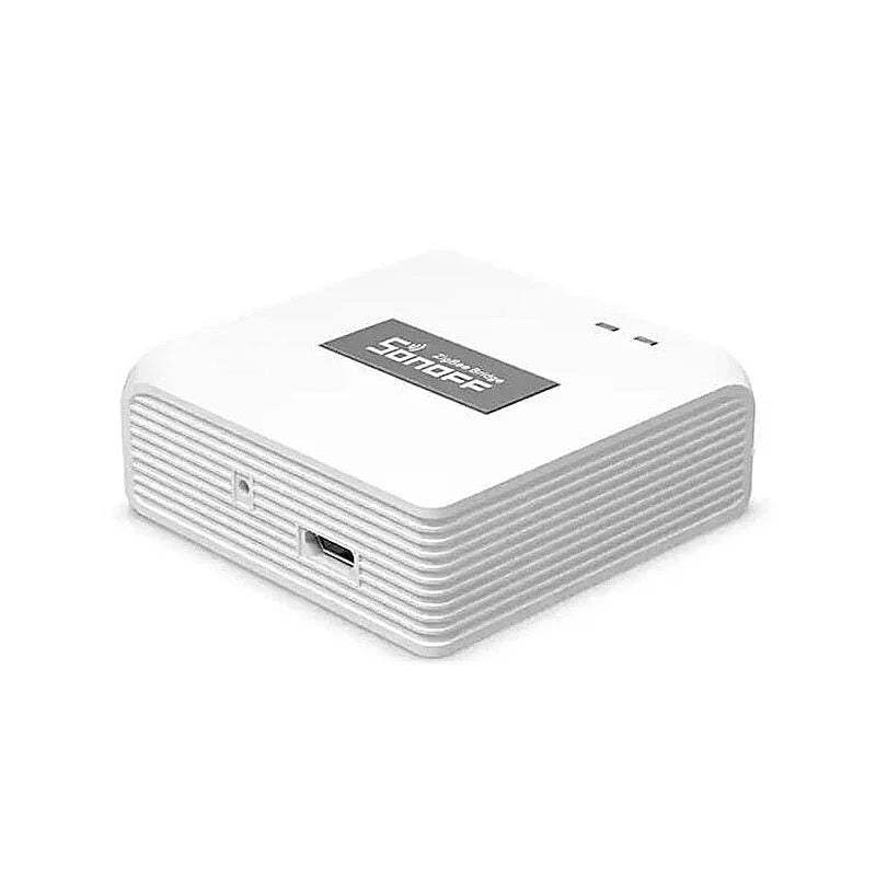 White Sonoff smart home hub device with USB port on a plain background
