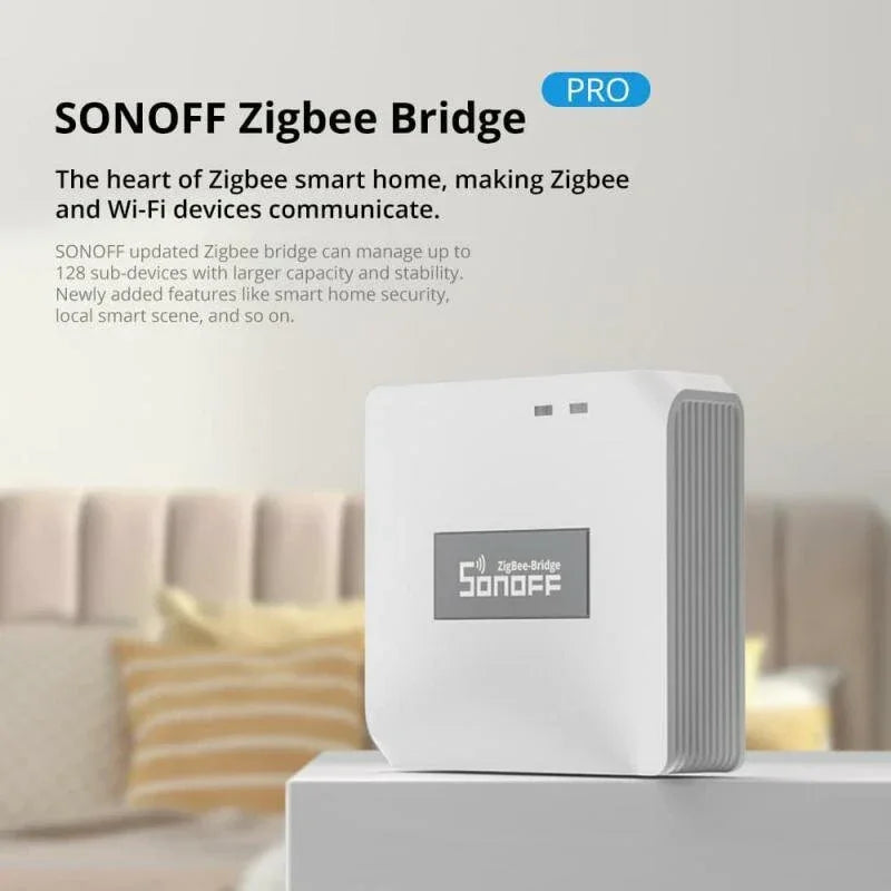 SONOFF Zigbee Bridge Pro smart home hub on table in modern living room