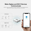 SONOFF Zigbee Wi-Fi bridge connecting smart home devices with eWeLink app on smartphone.