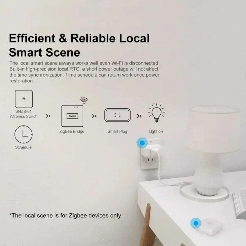 Zigbee smart home setup with wireless switch, smart plug, and lamp on a white table