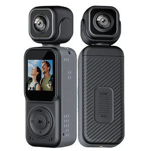 Dual-view compact action camera with display screen and wide-angle lens