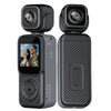 Dual-view compact action camera with display screen and wide-angle lens