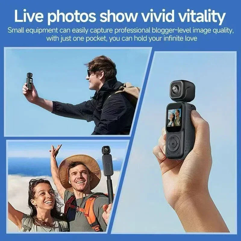People outdoors using a handheld action camera for vlogging and travel photography
